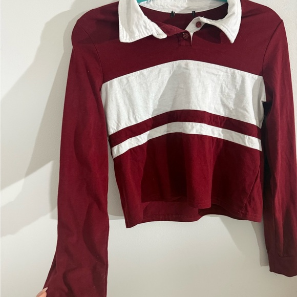 Tops - Striped Collared Rugby Top in Burgundy and White